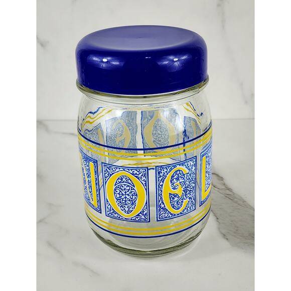 Noel Glass Canister Jar Cookie w/ Blue Lid 7" x 4 1/2" Container Storage - Picture 1 of 16